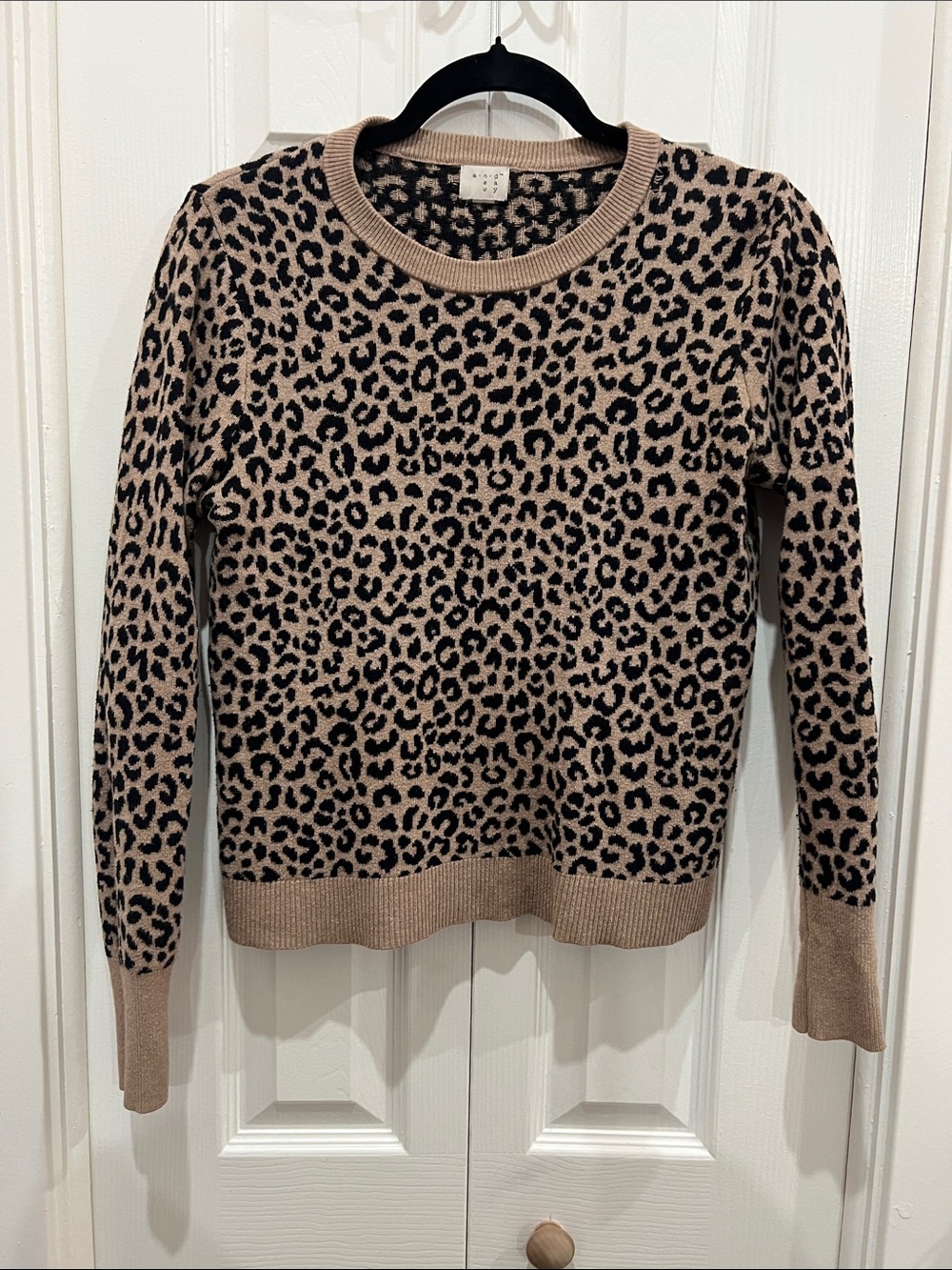 a new day Beige and Black Leopard-Print Crewneck Sweater